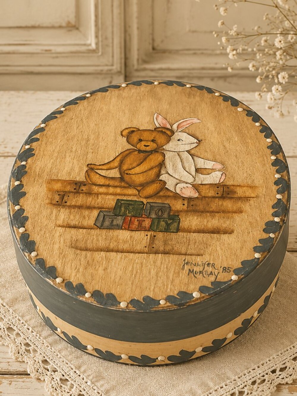 Charming Vintage Signed Hand Painted Wooden Oval Keepsake Box